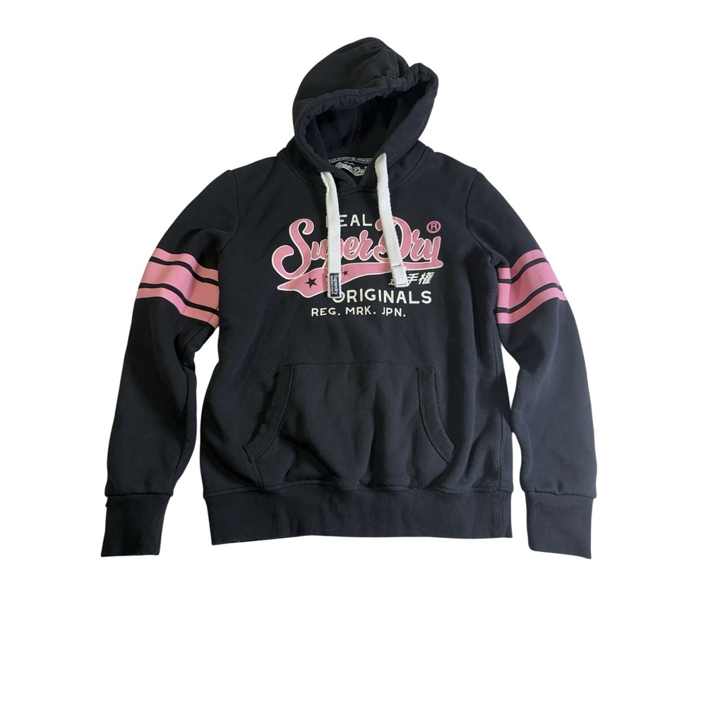 Superdry Hoodie Women 10 Black‎ Pink Excellent Graphic Sleeve Stripe G20102NT
